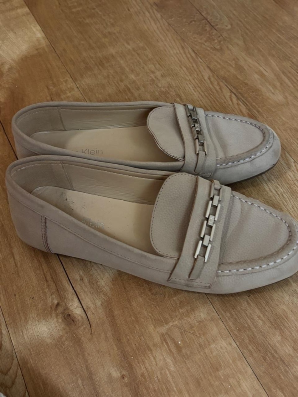 Calvin Klein Taupe Leather Chain-Trim Loafers